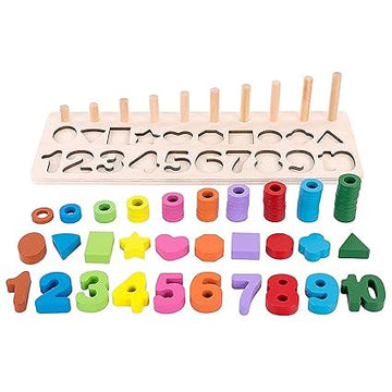 3 in 1 Wooden Number Puzzle Montessori Toys Shape Sorter Counting Game Math Stacking Blocks Stem Preschool Educational Learning Toys for Kids Boys Girls (Wooden Montessori Toys)