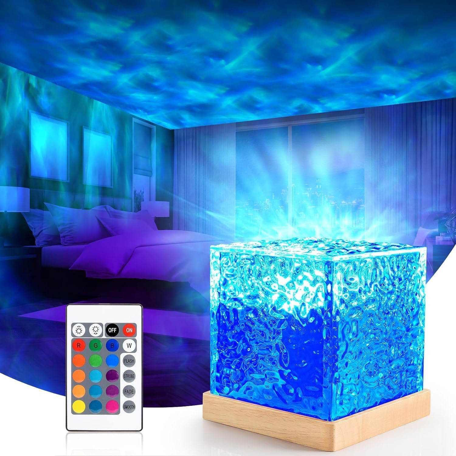 Crystal Cube Night Lamp – Water Ripple Effect, with Remote