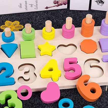 3 in 1 Wooden Number Puzzle Montessori Toys Shape Sorter Counting Game Math Stacking Blocks Stem Preschool Educational Learning Toys for Kids Boys Girls (Wooden Montessori Toys)