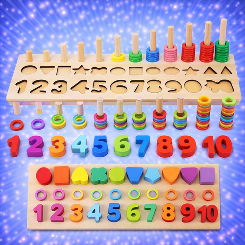 3 in 1 Wooden Number Puzzle Montessori Toys Shape Sorter Counting Game Math Stacking Blocks Stem Preschool Educational Learning Toys for Kids Boys Girls (Wooden Montessori Toys)