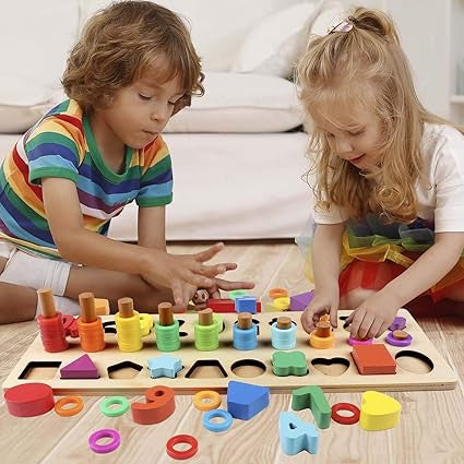 3 in 1 Wooden Number Puzzle Montessori Toys Shape Sorter Counting Game Math Stacking Blocks Stem Preschool Educational Learning Toys for Kids Boys Girls (Wooden Montessori Toys)