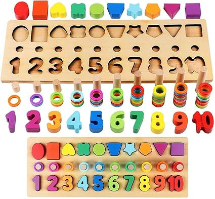 3 in 1 Wooden Number Puzzle Montessori Toys Shape Sorter Counting Game Math Stacking Blocks Stem Preschool Educational Learning Toys for Kids Boys Girls (Wooden Montessori Toys)