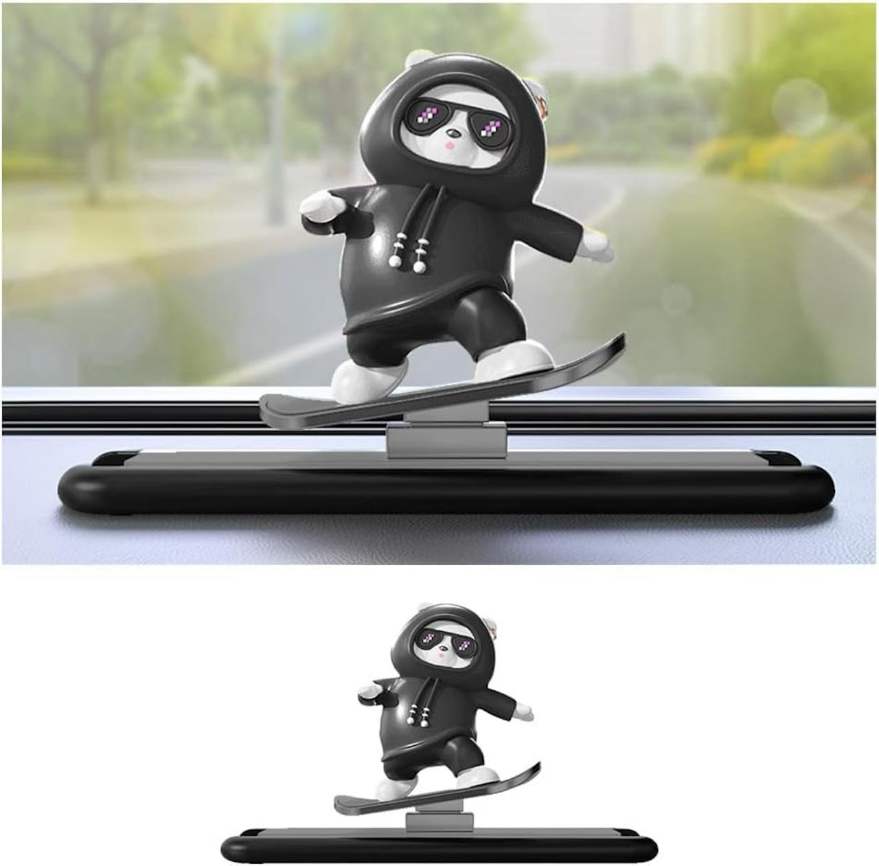Car Skateboard Sliding Teddy Ornaments Cute Car Interior Deshboard Decorations for Car, Office, Home (Black)